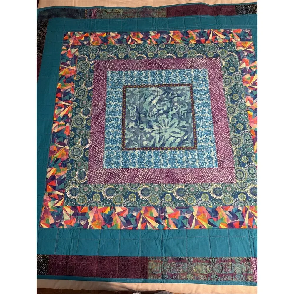 New Batik Lap Quilt Throw Blanket Handmade Machine Stitched Blue Green 58x58”